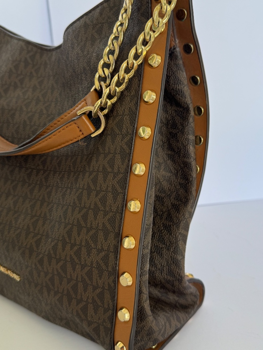 Michael Kors Newbury Brown Signature Studded Chain Shoulder Bag Gold Hardware - Picture 6 of 15